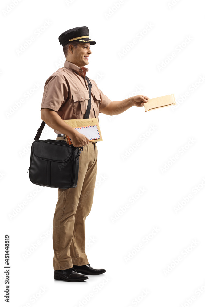 Full length profile shot of a mailman delivering a letter Full length profile shot of a mailman delivering a letter