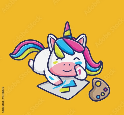 cute unicorn girl painting. cartoon animal hobby concept Isolated illustration. Flat Style suitable for Sticker Icon Design Premium Logo vector. Mascot character