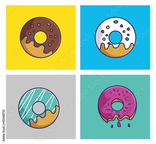 Cute Cartoon sweet donuts set colorful taste chocolate greentea milk strawberry for kid child. Food and Drink Cartoon Flat Style Icon illustration Premium Vector Logo