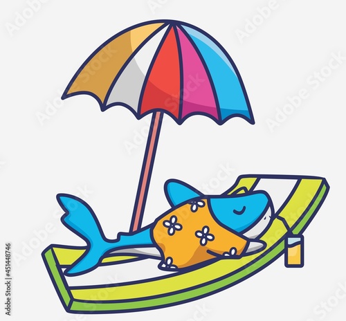 cute shark sunburning colorful umbrella. cartoon animal travel holiday vacation summer concept Isolated illustration. Flat Style suitable for Sticker Icon Design Premium Logo vector. Mascot Character