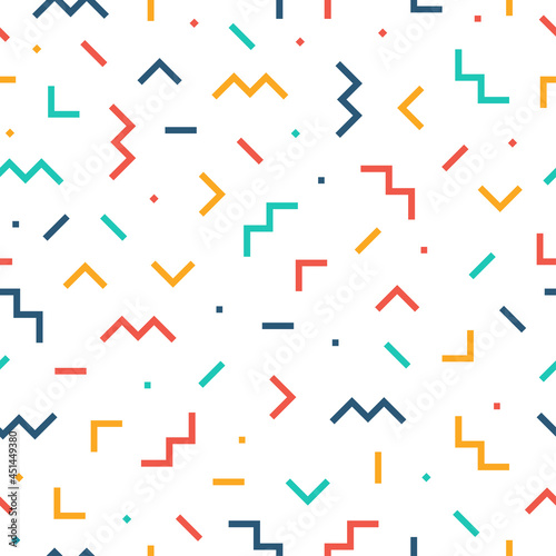 Colorful memphis seamless pattern with white background.