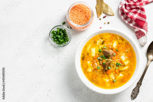 Instant pot Moroccan red lentil soup. Top vview, copy space.
