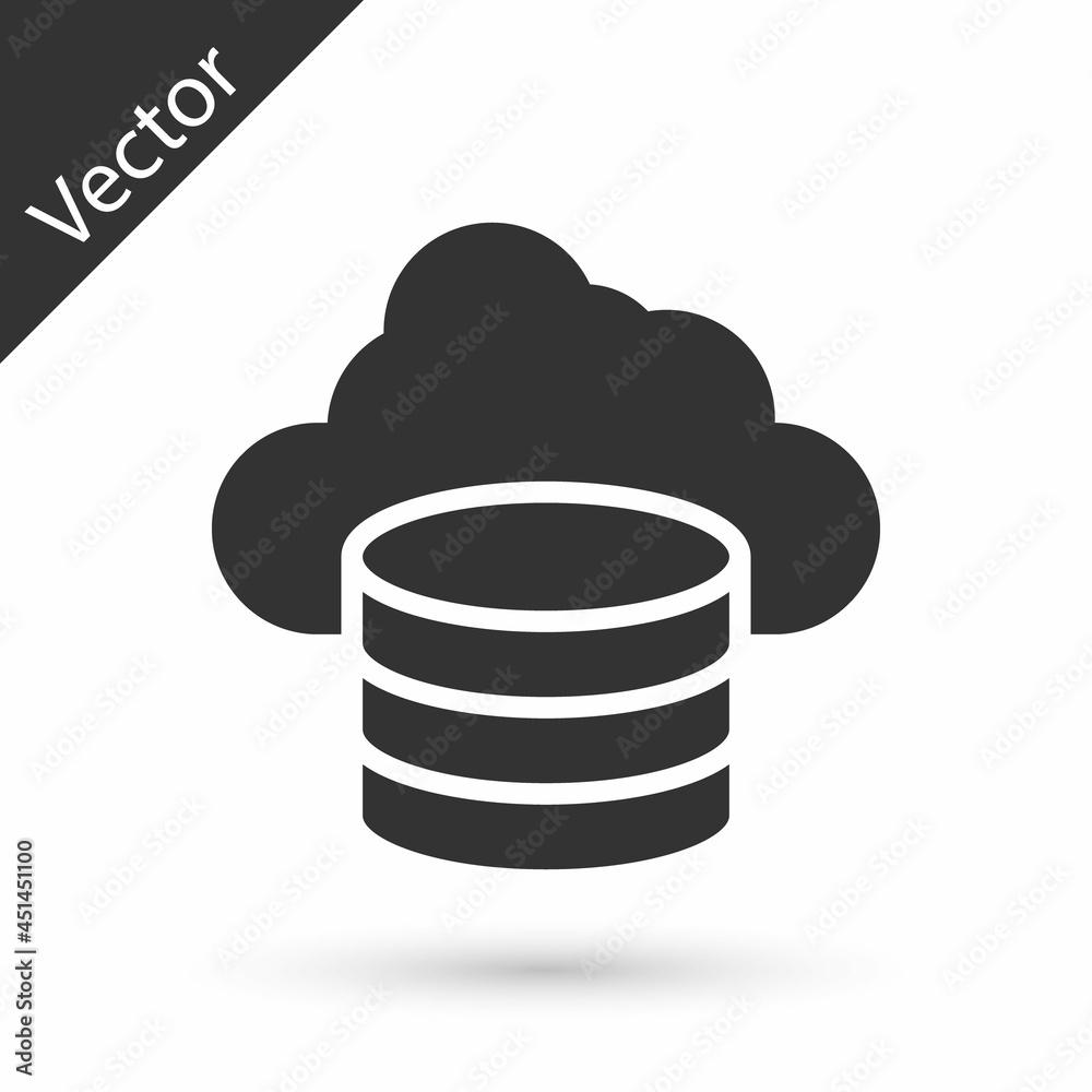 Grey Cloud database icon isolated on white background. Cloud computing concept. Digital service or app with data transferring. Vector Grey Cloud database icon isolated on white background. Cloud computing concept. Digital service or app with data transferring. Vector