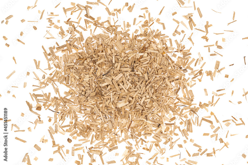 Oak chips sawdust isolated white background. small wood chips for smoking. sawdust texture . ecological fuel Oak chips sawdust isolated white background. small wood chips for smoking. sawdust texture . ecological fuel