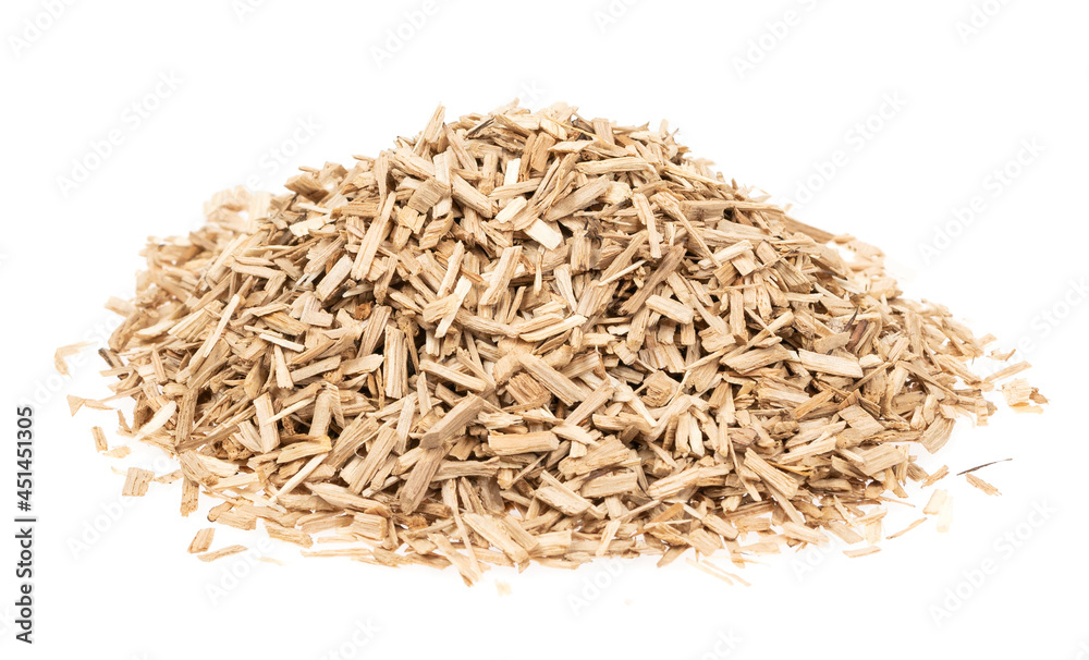 Oak chips sawdust isolated white background. small wood chips for smoking. sawdust texture . ecological fuel Oak chips sawdust isolated white background. small wood chips for smoking. sawdust texture . ecological fuel