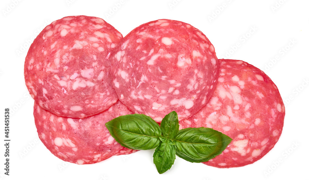 Salami sausage slices with basil, isolated on white background. High resolution image. Salami sausage slices with basil, isolated on white background. High resolution image.