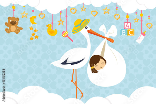Baby and stork cartoon vector illustration. Baby shower concept template