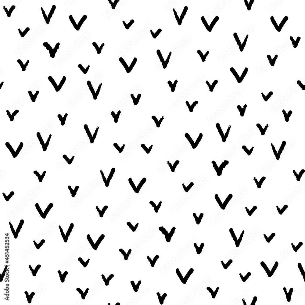 Small black ink check marks isolated on white background. Monochrome seamless pattern. Vector simple flat graphic hand drawn illustration. Texture.