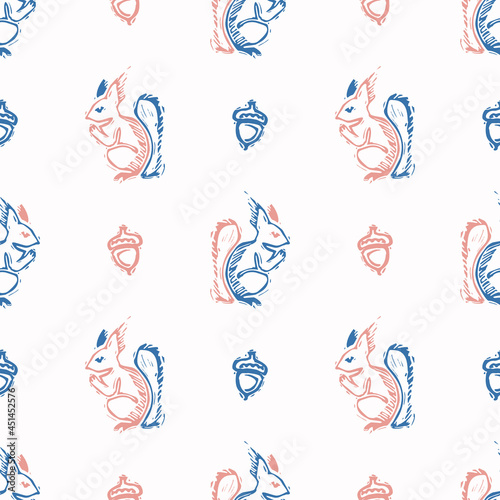 Abstract playful color style cut out squirrel shape pattern. Seamless modern simple lino cut style design for retro kids all over print. Trendy home decor, kid fashion, wallpaper in vector repeat.
