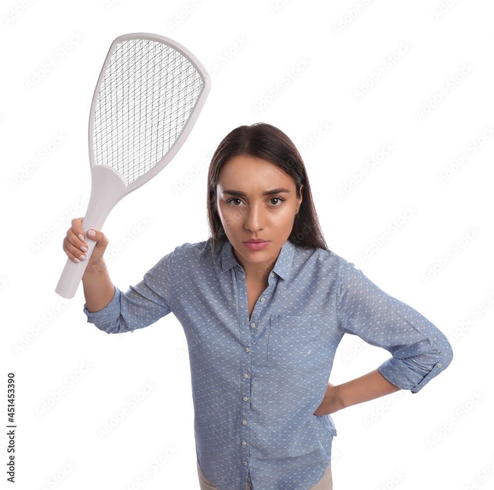 Young woman with electric fly swatter on white background. Insect killer Young woman with electric fly swatter on white background. Insect killer