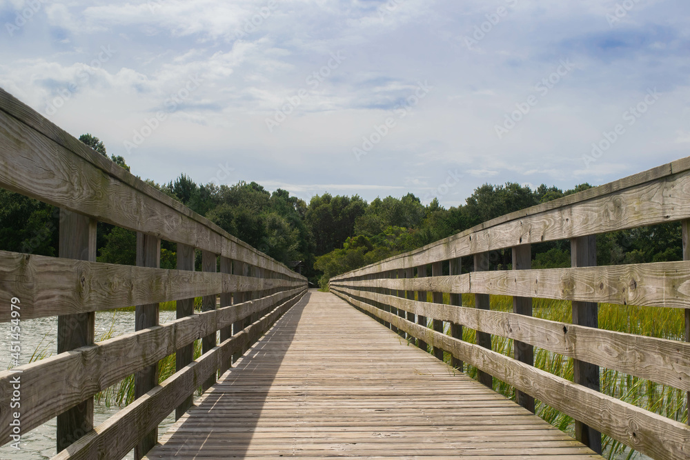 wooden foot bridge over the swamp and river