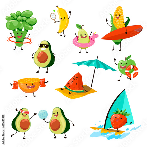 Fruit characters having fun on beach vector illustrations set. Cute strawberry windsurfing, corn with surfing board, avocados playing volleyball isolated on white background. Summer, sports concept © PCH.Vector