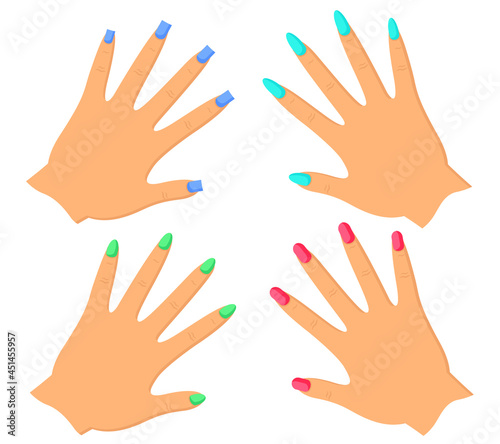 Set of female hands with manicure of different shapes and different varnish