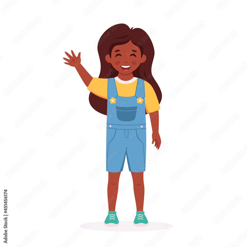 Little black girl smiling and waving hand. Greeting gesture. Elementary school student, kindergarten pupil. Vector illustration Little black girl smiling and waving hand. Greeting gesture. Elementary school student, kindergarten pupil. Vector illustration