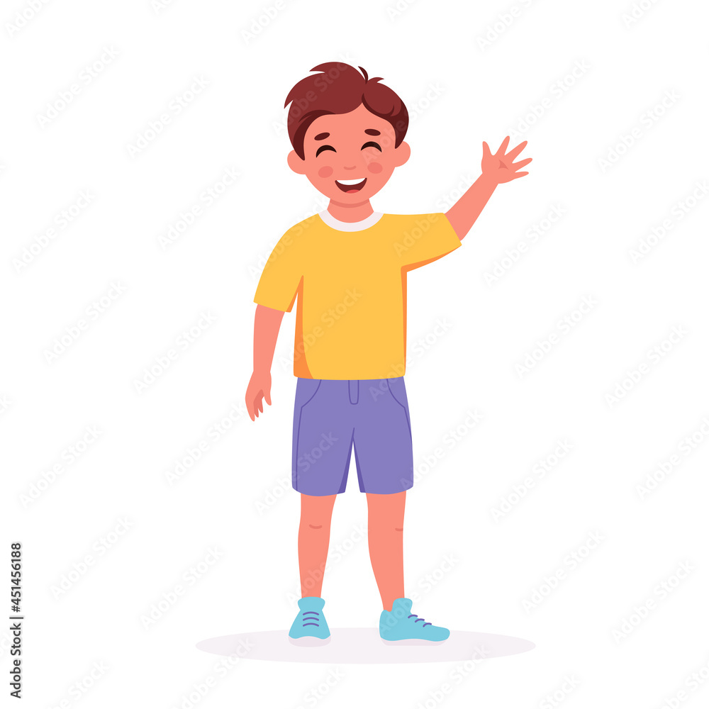 Little boy smiling and waving hand. Greeting gesture. Elementary school student, kindergarten pupil. Vector illustration Little boy smiling and waving hand. Greeting gesture. Elementary school student, kindergarten pupil. Vector illustration