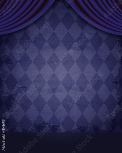 Aged old room with diamond-shaped grunge wallpaper and curtain