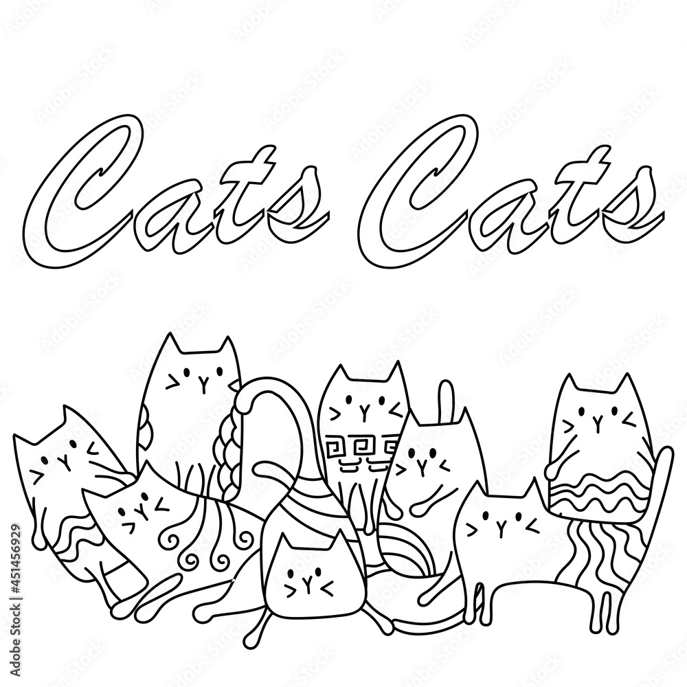 Cute cats coloring book. Hand drawn vector illustration. space for text