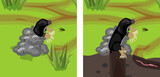 Cartoon black mole on molehill and earthworm in natural habitat