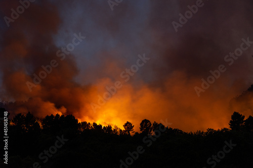 Incendio forestal por la noche en Ourense, Galicia, Spain.