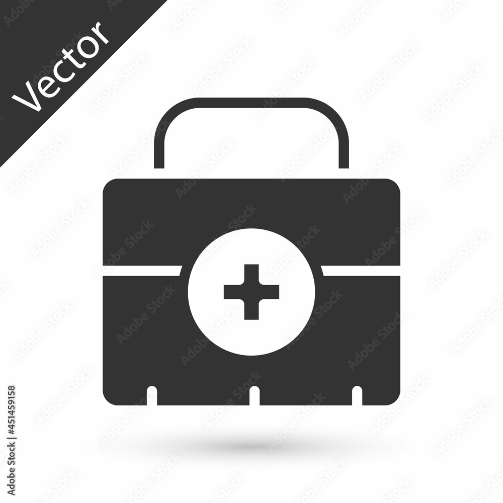 Grey First aid kit icon isolated on white background. Medical box with cross. Medical equipment for emergency. Healthcare concept. Vector Grey First aid kit icon isolated on white background. Medical box with cross. Medical equipment for emergency. Healthcare concept. Vector