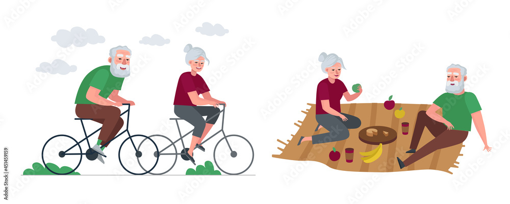 Elderly couple of retirees active healthy lifestyle. Grandmother and grandfather in old age cycling on bicycle and relaxing on picnic. Grandparents outdoor spending time. Senior persons vacation. Eps