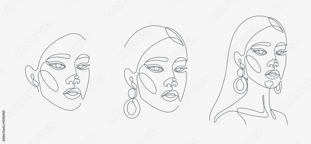Woman head portrait set. Minimal, simple and complex illustrations. Continuous line drawing. Woman head portrait set. Minimal, simple and complex illustrations. Continuous line drawing.