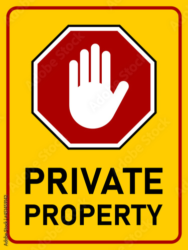 Private Property Vertical Bilingual Warning Sign in English and Spanish with Stop Hand Icon. Vector Image. 