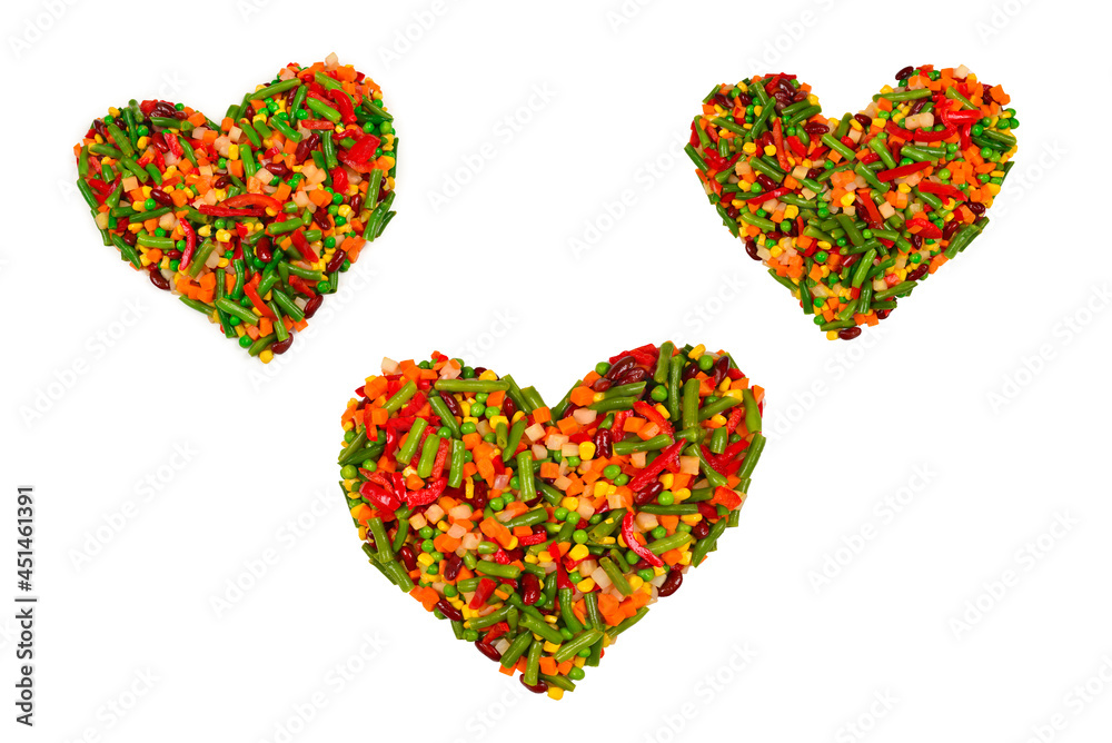 Heart made of vegetables. Corn, carrot, bell pepper, green beans. Isolated on white. Heart made of vegetables. Corn, carrot, bell pepper, green beans. Isolated on white.