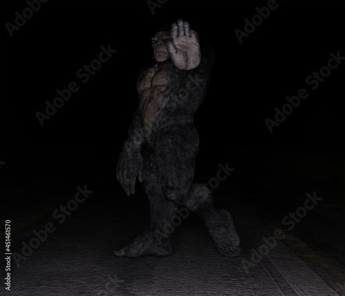 3d illustration of a Bigfoot crossing a road and being illuminated by car headlights