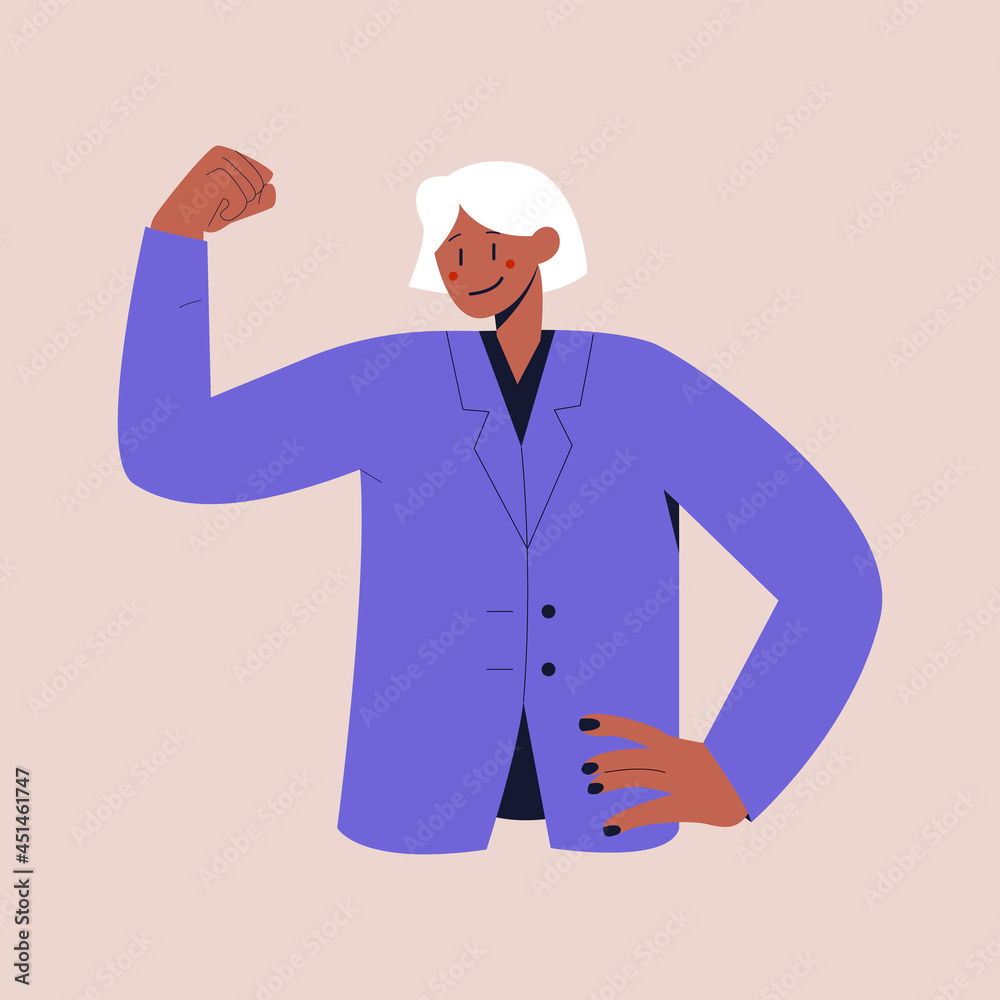 A black smiling woman in a business suit raised fist with confidence. Colorful flat vector illustration on isolated background. Eps 10.
