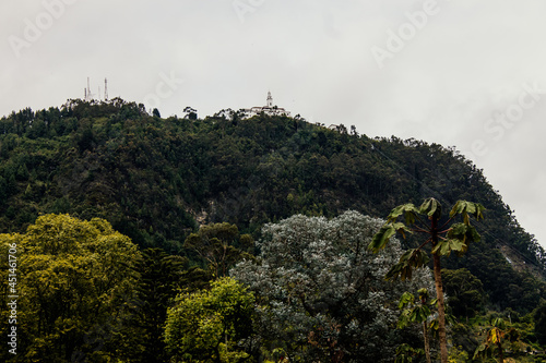 View of the Cerro and the church of Monserrate from the streets of Bogotá, Colombia August 16, 2021