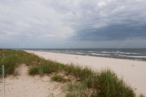Sand dunes and dramatic sky over the sea and Sandhammaren beach in Sk  ne  Sweden on a summer evening. 