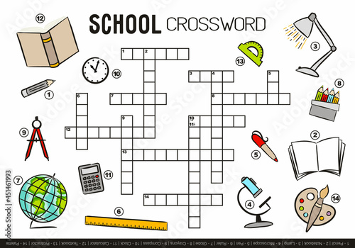 Leisure crossword on school objects for kids. Children's game with cartoon elements. Book, lamp, ruler, globe, palette, clock and other. Vector illustration