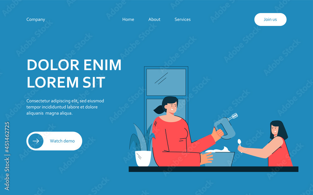 Mother and daughter cooking together. Female character beating cream with mixer. Little girl holding spoon. Both smiling. Family bounding concept for banner, website design or landing web page Mother and daughter cooking together. Female character beating cream with mixer. Little girl holding spoon. Both smiling. Family bounding concept for banner, website design or landing web page