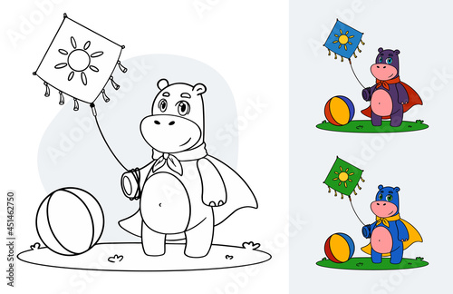 Vector color book page with hippo kid standing on grass with kite in hand and wanted to play ball