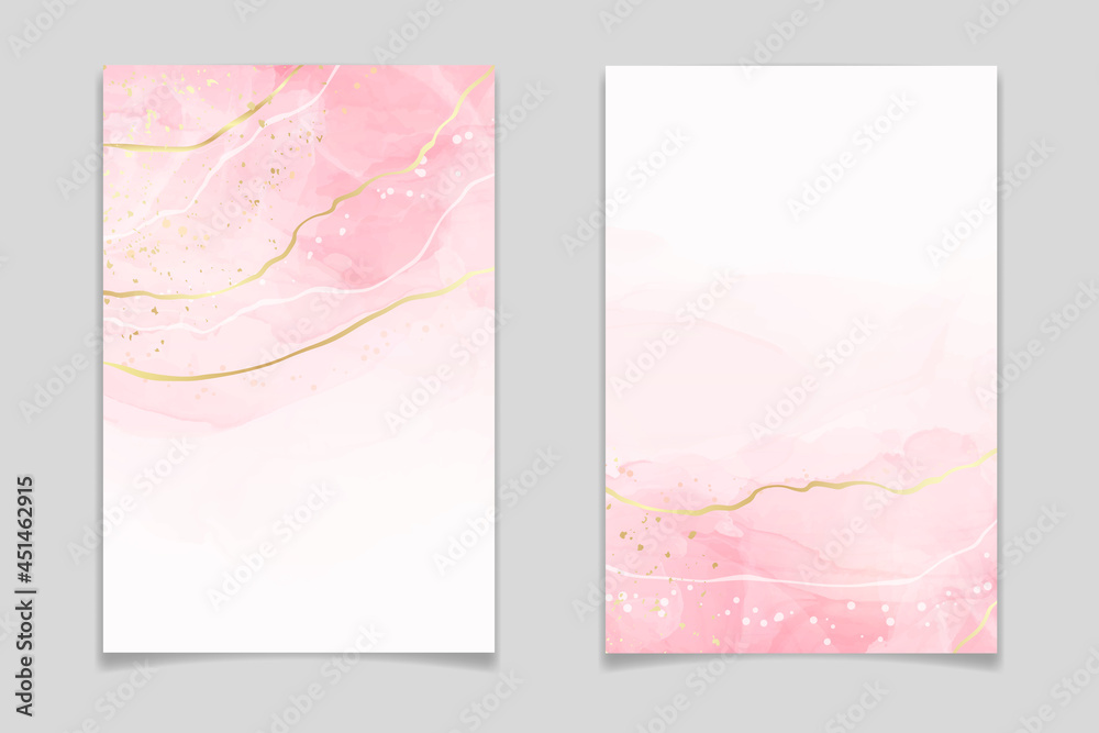 Abstract rose blush liquid watercolor background with golden lines, dots and stains. Pastel marble alcohol ink drawing effect. Vector illustration design template for wedding invitation