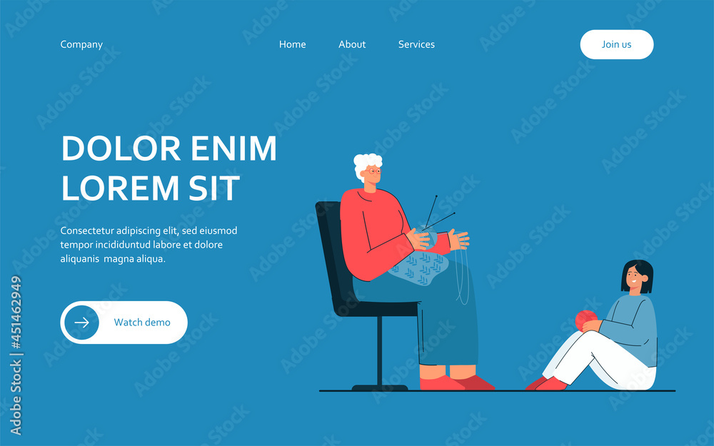 Grandmother sitting and knitting next to her granddaughter. Flat vector illustration. Elderly woman spending time with girl, holding ball of thread, knitting needles. Hobby, knitting, family concept Grandmother sitting and knitting next to her granddaughter. Flat vector illustration. Elderly woman spending time with girl, holding ball of thread, knitting needles. Hobby, knitting, family concept
