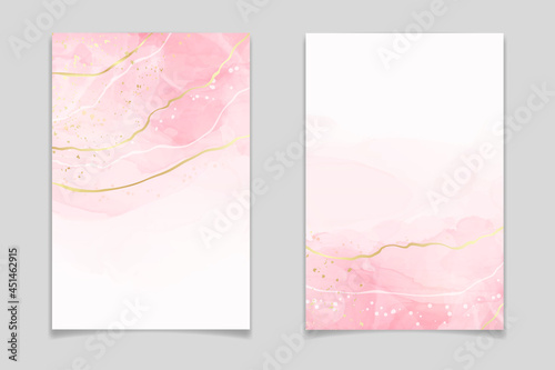 Abstract rose blush liquid watercolor background with golden lines, dots and stains. Pastel marble alcohol ink drawing effect. Vector illustration design template for wedding invitation