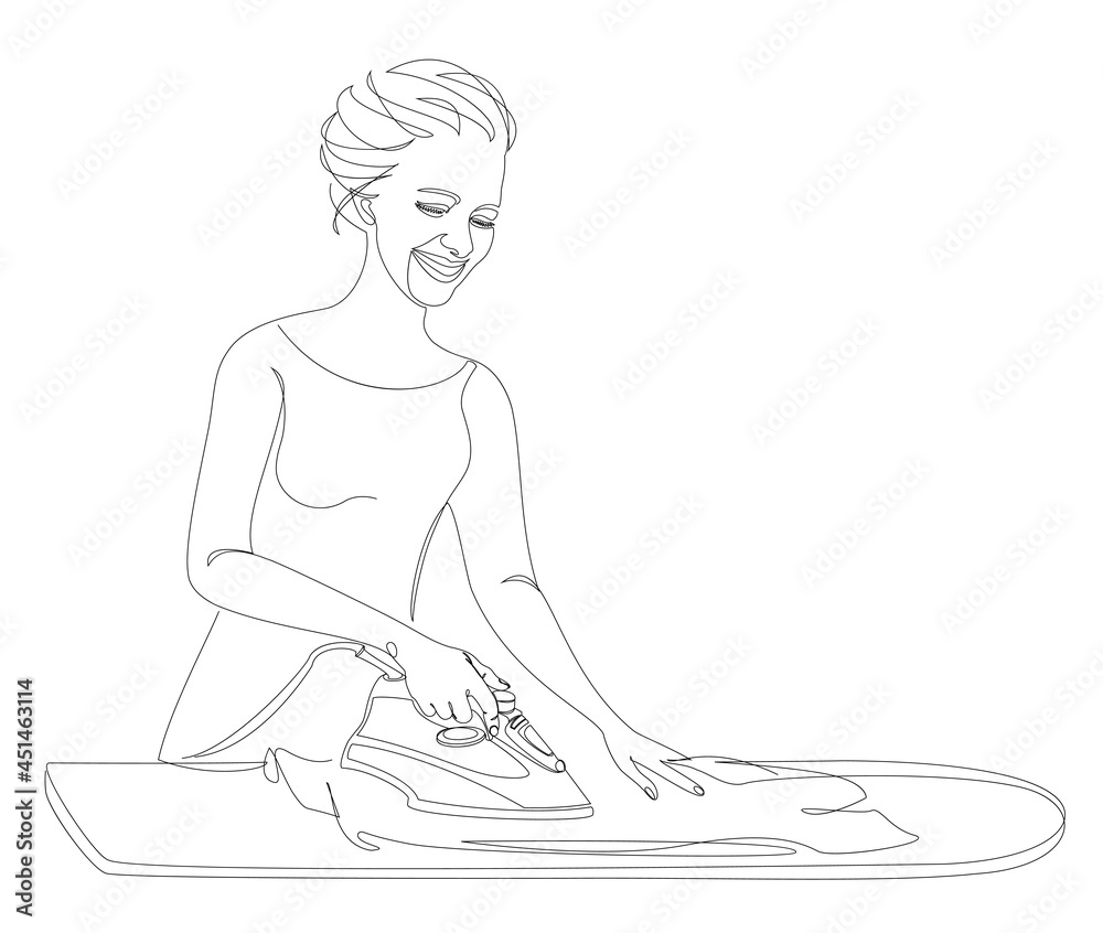 Silhouette of a girl with an iron ironing linen in a modern one line style. Continuous line drawing, aesthetic outline for home decor, posters, wall art, stickers, logo. Vector illustration. Silhouette of a girl with an iron ironing linen in a modern one line style. Continuous line drawing, aesthetic outline for home decor, posters, wall art, stickers, logo. Vector illustration.