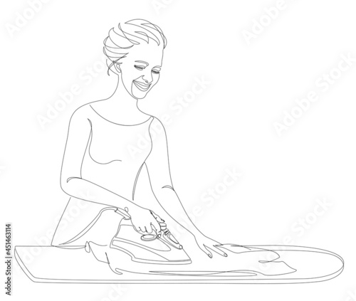 Silhouette of a girl with an iron ironing linen in a modern one line style. Continuous line drawing, aesthetic outline for home decor, posters, wall art, stickers, logo. Vector illustration.