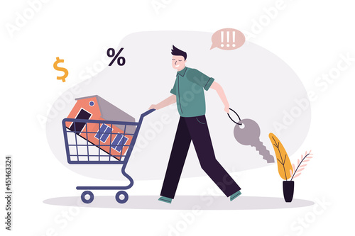 Mortgage loan. Man with cart buying house. Concept of mortgage payment. House loan or money investment to real estate. Property money investment contract