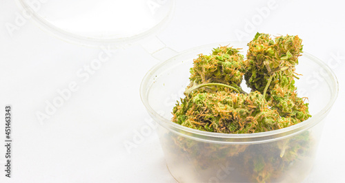 Cannabis in open small plastic box on a white background with copy space. Medical prescription marijuana flowers. Therapeutic and medicinal concept ideas. Hybrid strain sticky buds