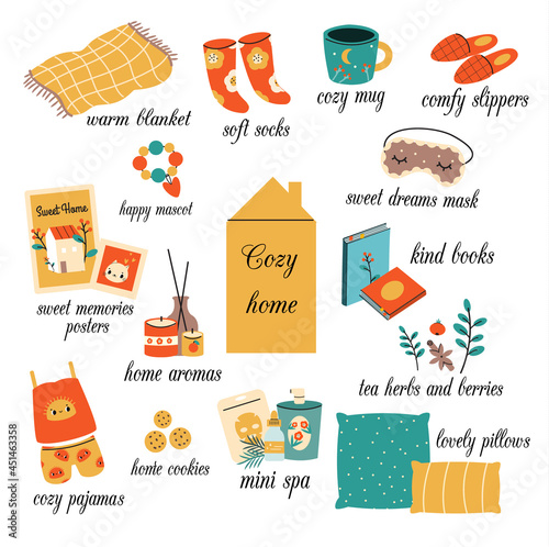 Cozy home concept vector illustration with hygge elements. Collection of lifestyle comfortable relaxing things like socks, pillows, blanket and other