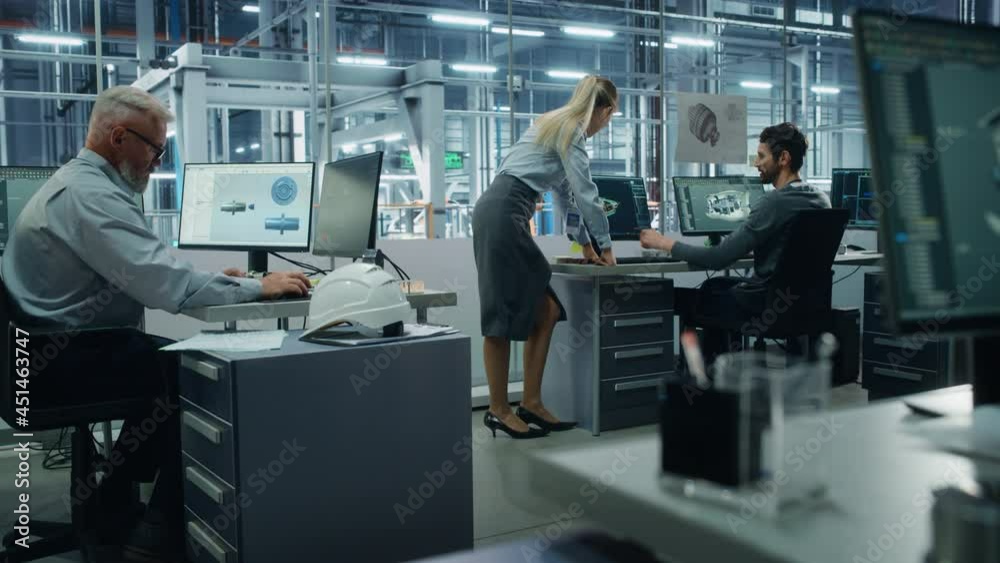 Car Factory Office: Project Manager Talks to Engineer Working on Computer. CAD Software, 3D Turbine Engine, Electric Car. Automated Robot Arm Assembly Line Manufacturing Vehicles. Wide Tracking Shot Car Factory Office: Project Manager Talks to Engineer Working on Computer. CAD Software, 3D Turbine Engine, Electric Car. Automated Robot Arm Assembly Line Manufacturing Vehicles. Wide Tracking Shot
