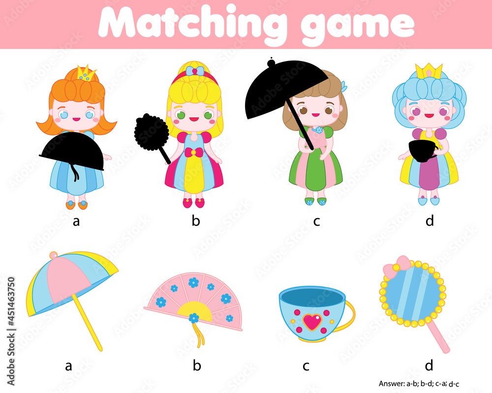 Shadow matching game. Princess theme Kids activity. Find silhouettes of objects Shadow matching game. Princess theme Kids activity. Find silhouettes of objects