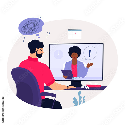 Psychologist online.Woman psychotherapist conducting a therapy session with a patient. A depressed man at a remote consultation with a psychoanalyst or psychiatrist. Psychotherapeutic, psychiatric aid