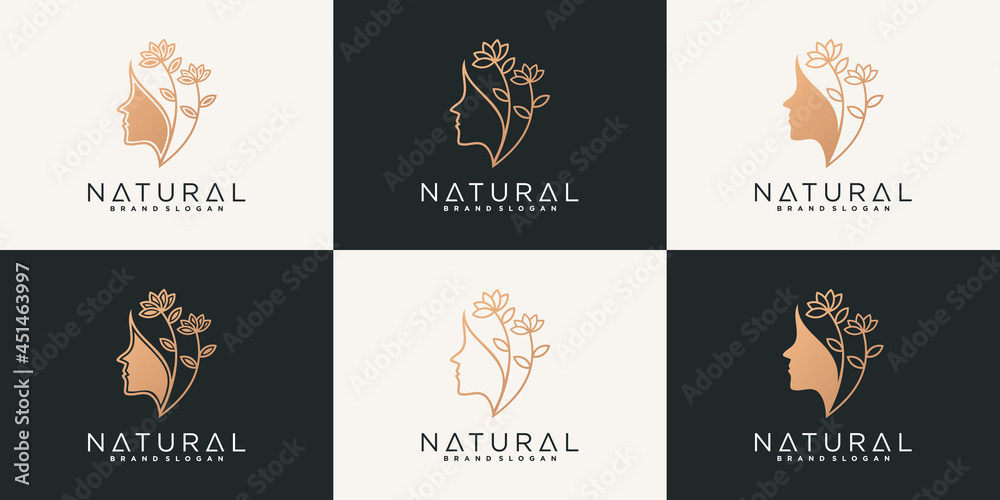 Set of bundle woman logo with luxury leaf and face concept Premium vektor