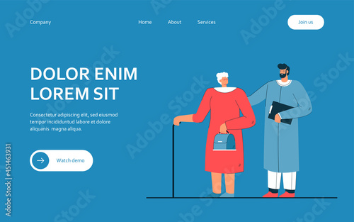 Doctor and elderly woman flat vector illustration. Medicine worker helping woman of age with cane, giving her recommendations, and providing medical treatment. Help, medicine, maturity, care concept