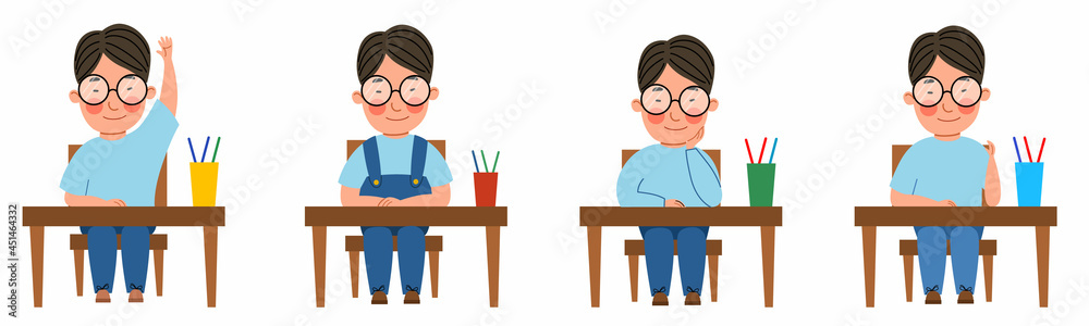 A set of illustrations with a student sitting at a classroom desk. An Asian boy with glasses at the table raised his hand. Modern vector illustration in a flat style, isolated on a white background. A set of illustrations with a student sitting at a classroom desk. An Asian boy with glasses at the table raised his hand. Modern vector illustration in a flat style, isolated on a white background.