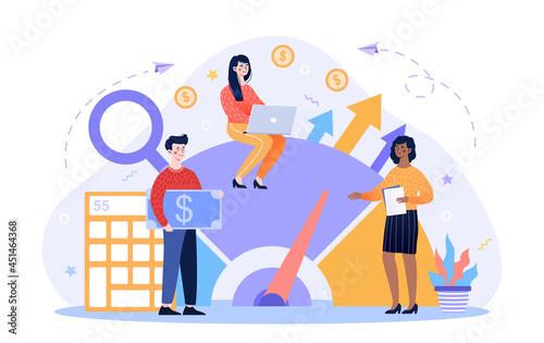 Banchmarking as business. Team trying come up with original concept forapplication. Performance, quality comparison to competitor companies. Cartoon flat vector illustration on white background